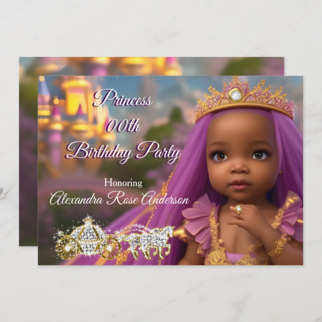 Princess Girl Birthday Party tiara purple ethnic 2 Invitation (Front/Back)