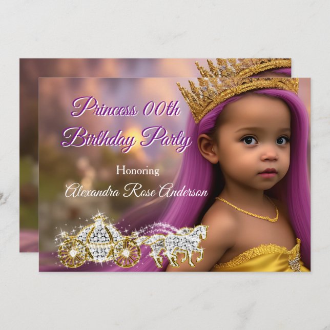 Princess Girls Birthday Party Carriage purple gold Invitation (Front/Back)