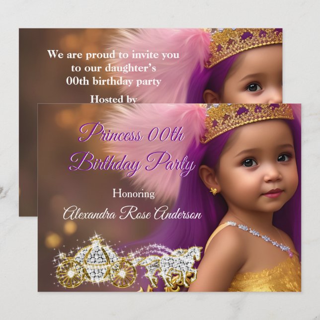 Princess Girls Birthday Party Carriage purple pink Invitation (Front/Back)