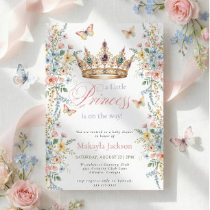 Princess Gold Crown Floral Butterfly Baby Shower Invitation