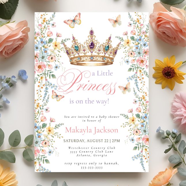 Princess Gold Crown Floral Butterfly Baby Shower Invitation (Creator Uploaded)