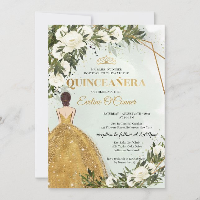 Princess gold dress greenery floral Quinceañera Invitation (Front)