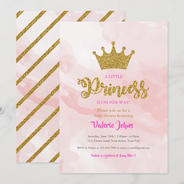 Princess Gold Glitter Crown Baby Shower Invitation (Front/Back)