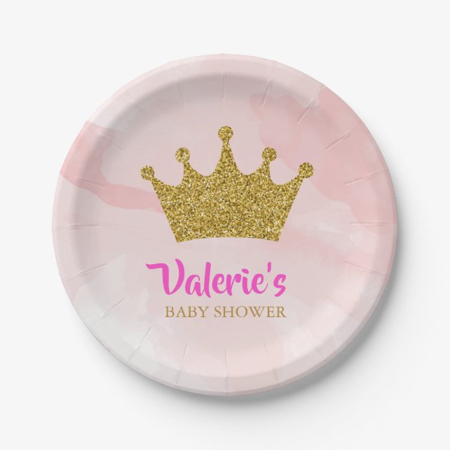 Princess Gold Glitter Crown Baby Shower Paper Plate (Front)
