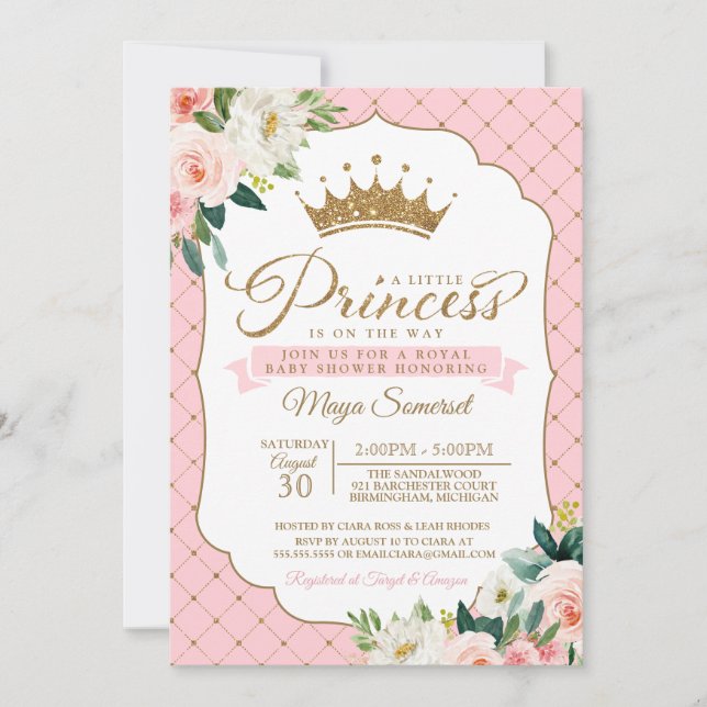 Princess Gold Glitter Crown & Floral Baby Shower Invitation (Front)