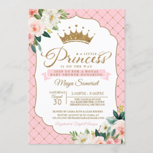 Princess Gold Glitter Crown & Floral Baby Shower Invitation