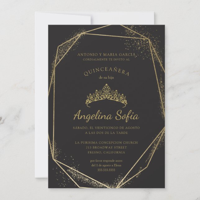 Princess Gold Glitter Tiara Quinceanera Invitation (Front)