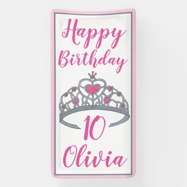 Princess Happy Birthday Party Tiara Dress-Up Crown Banner (Vertical)