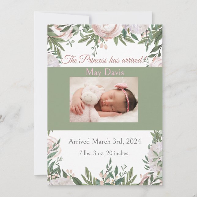 Princess has arrived Pink watercolor garden  Announcement (Front)