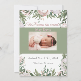 Princess has arrived Pink watercolor garden  Announcement