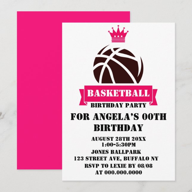 Princess Hot Pink Basketball Birthday Party Invite (Front/Back)