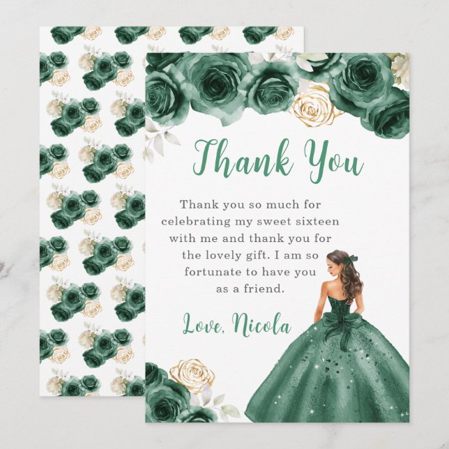 Princess in a Dark Green Dress Sweet 16 Thank You (Front/Back)