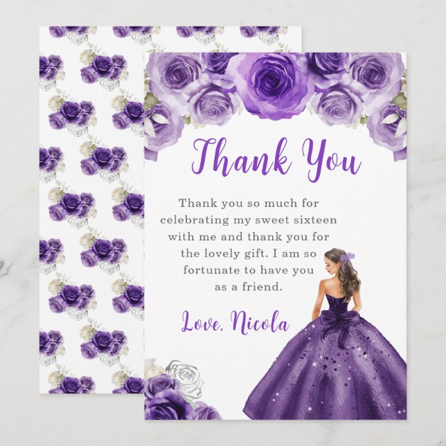 Princess in a Dark Purple Dress Sweet 16 Thank You (Front/Back)