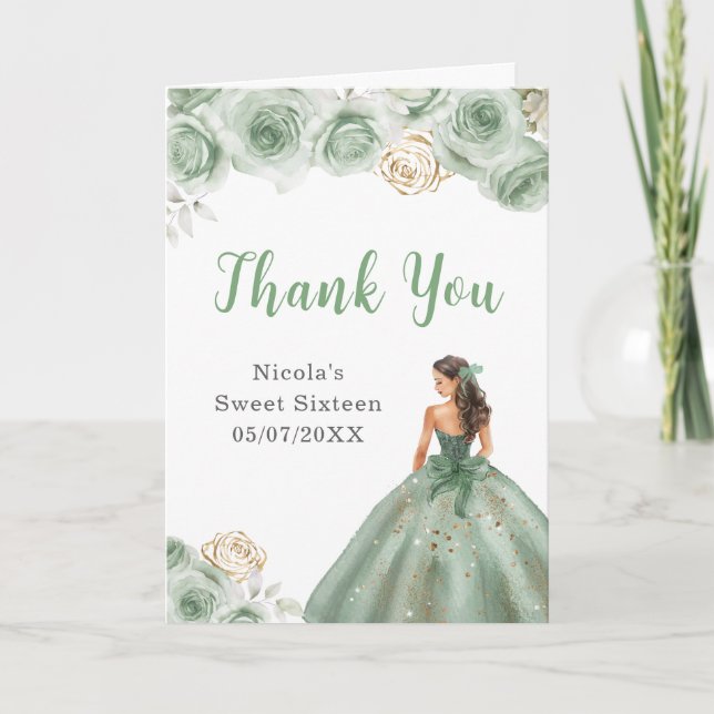 Princess in a Green Dress Sweet Sixteen Thank You Card (Front)