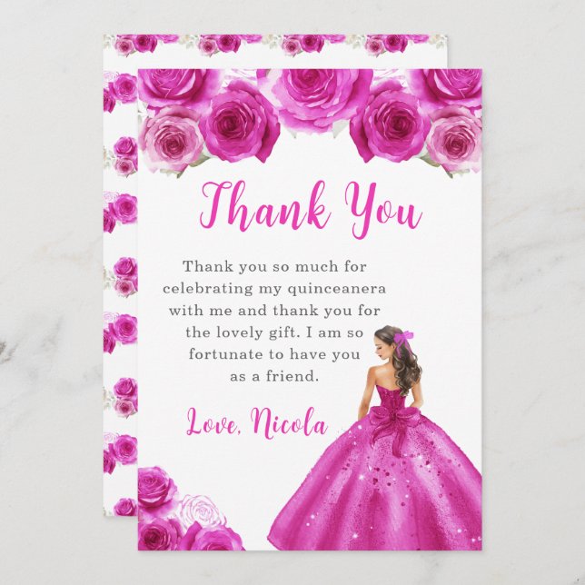 Princess in a Hot Pink Dress Quinceanera Thank You (Front/Back)