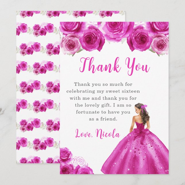 Princess in a Hot Pink Dress Sweet 16 Thank You Card (Front/Back)