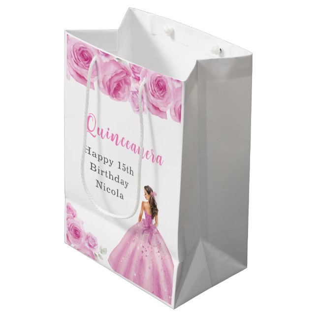 Princess in a Light Pink Dress Quinceanera Medium Gift Bag (Front Angled)
