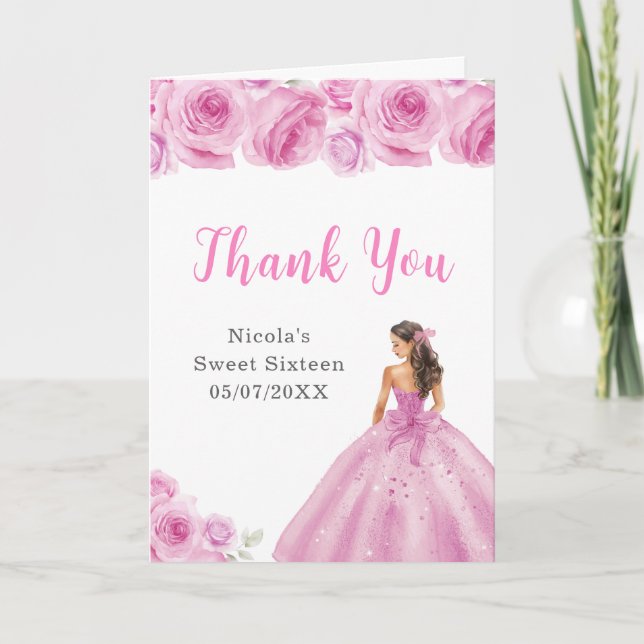 Princess in a Pink Dress Sweet Sixteen Thank You Card (Front)