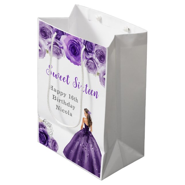 Princess in a Purple Dress Sweet Sixteen Birthday Medium Gift Bag (Front Angled)