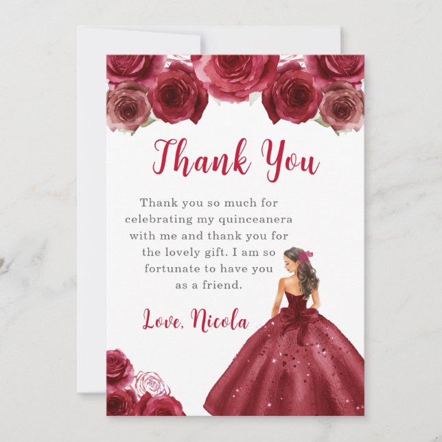 Princess in a Red Dress Quinceanera Thank You Card (Front)