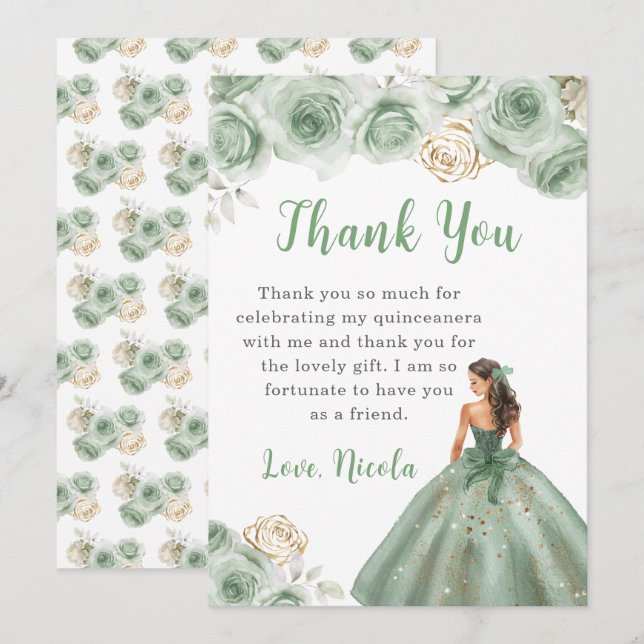 Princess in a Sage Green Quinceanera Thank You (Front/Back)