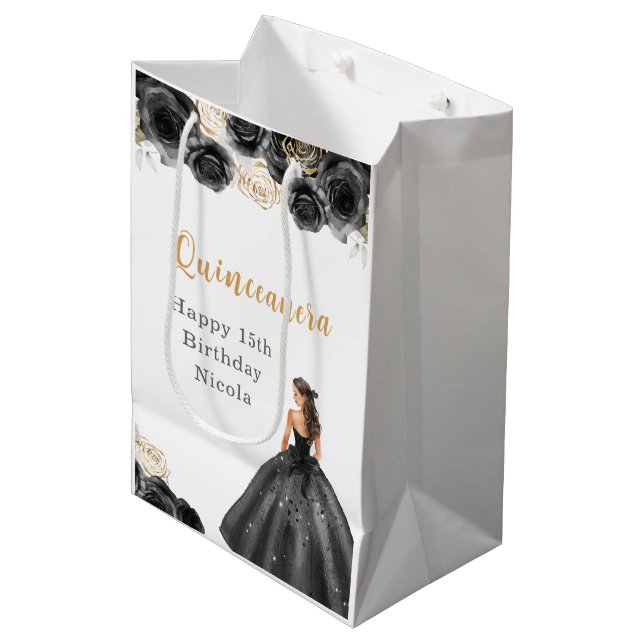 Princess in Black Dress Quinceanera Medium Gift Bag (Front Angled)