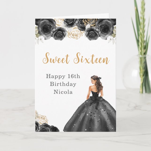 Princess in Black Dress Sweet Sixteen Birthday Card (Front)
