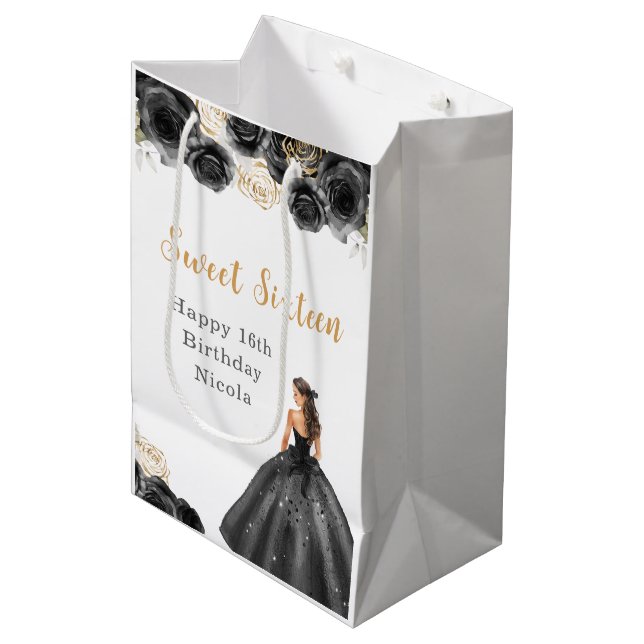 Princess in Black Dress Sweet Sixteen Birthday Medium Gift Bag (Front Angled)