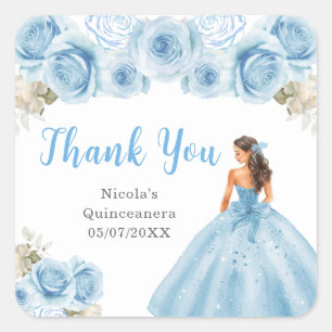 Princess in Blue Dress Quinceanera Thank You Square Sticker