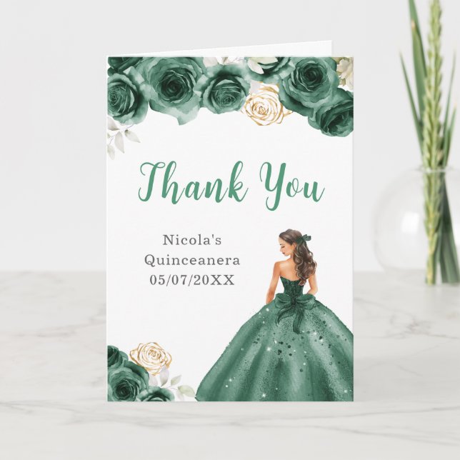 Princess in Dark Green Dress Quinceanera Thank You Card (Front)