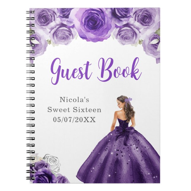 Princess in Dark Purple Dress Sweet 16 Guest Book (Front)