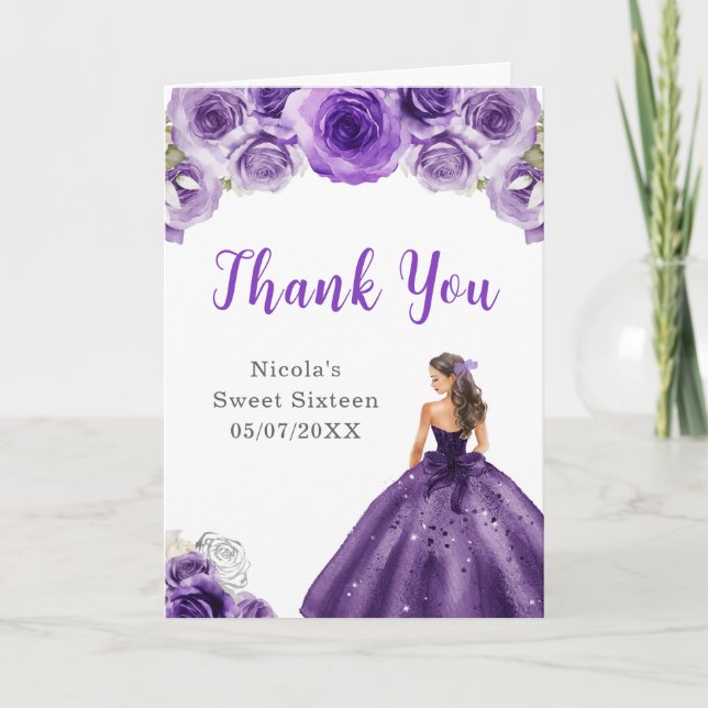 Princess in Dark Purple Dress Sweet 16 Thank You (Front)