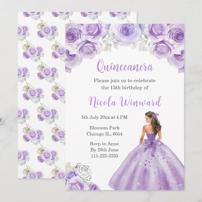 Princess in Dusty Purple Dress Quinceanera Invitation (Front/Back)
