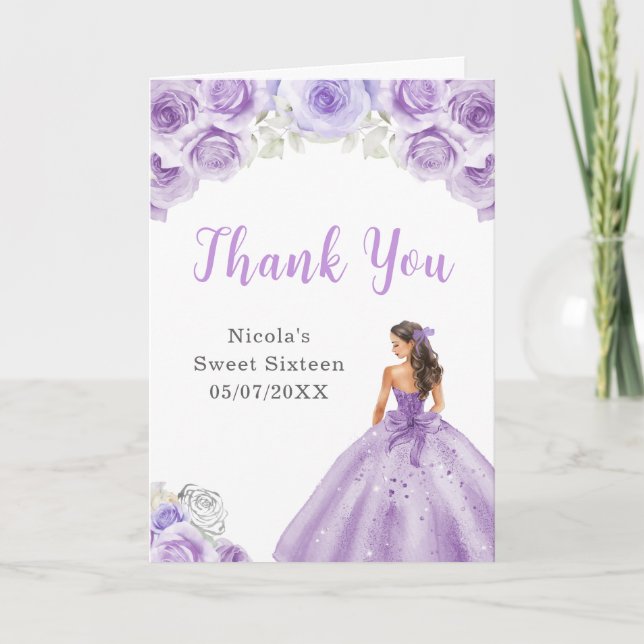 Princess in Dusty Purple Dress Sweet 16 Thank You Card (Front)