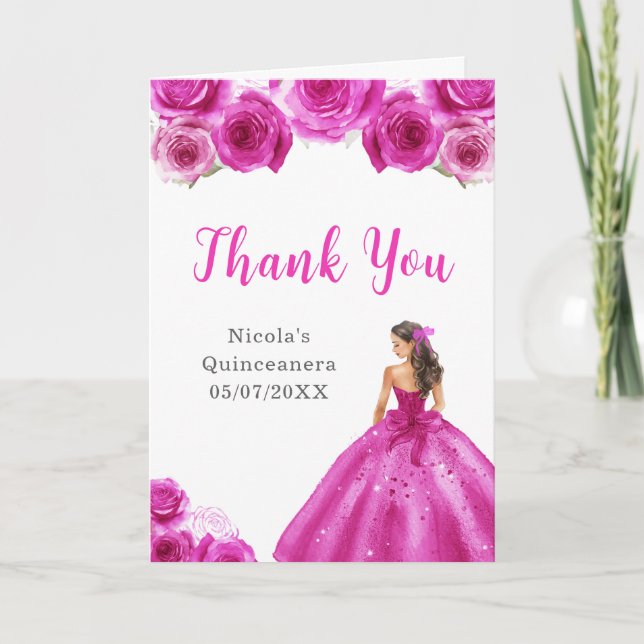 Princess in Hot Pink Dress Quinceanera Thank You (Front)