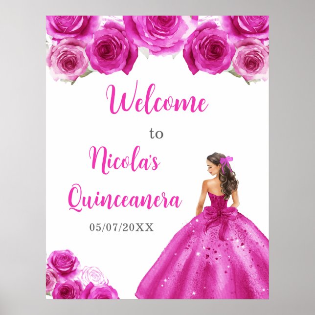 Princess in Hot Pink Dress Quinceanera Welcome Poster (Front)