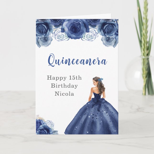 Princess in Navy Blue Dress Birthday Quinceanera  Card (Front)