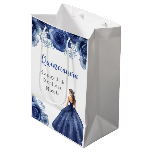 Princess in Navy Blue Dress Quinceanera Medium Gift Bag (Front Angled)