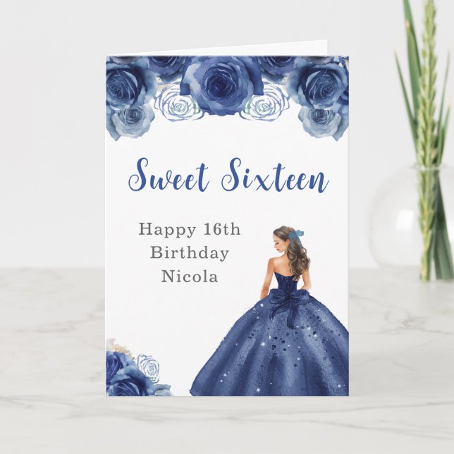 Princess in Navy Blue Dress Sweet Sixteen Birthday Card (Front)