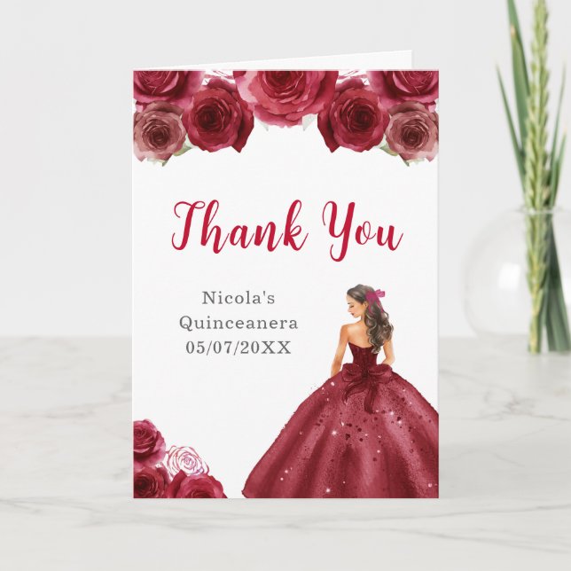 Princess in Red Dress Quinceanera Thank You (Front)