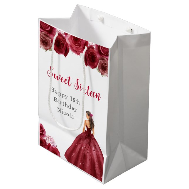 Princess in Red Dress Sweet Sixteen Birthday Medium Gift Bag (Front Angled)
