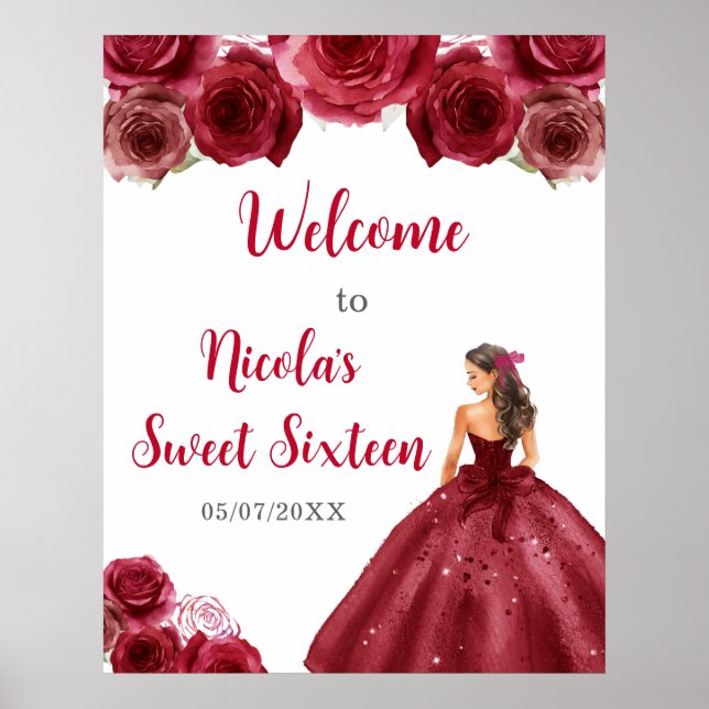 Princess in Red Dress Sweet Sixteen Welcome Poster (Front)