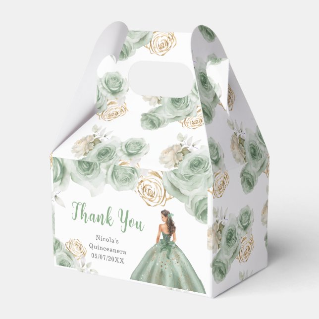 Princess in Sage Green Dress Quinceanera Thank You Favour Box (Front Side)
