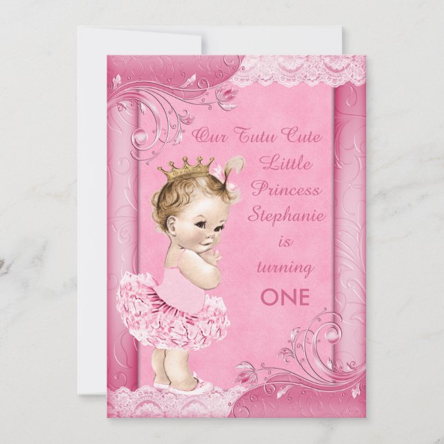 Princess in Tutu Baby 1st Birthday Faux Lace Invitation (Front)
