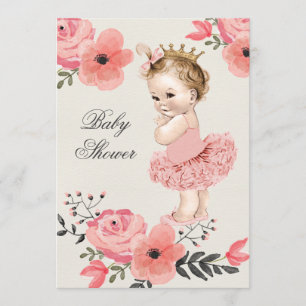 Princess in Tutu Watercolor Flowers Baby Shower Invitation