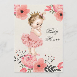 Princess in Tutu Watercolor Flowers Baby Shower Invitation