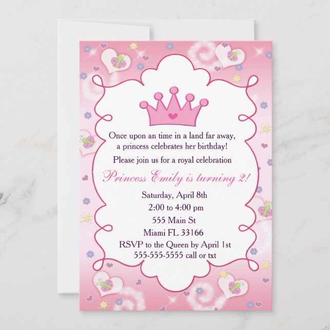 Princess Invitation Girl Birthday Party Crown Pink (Front)