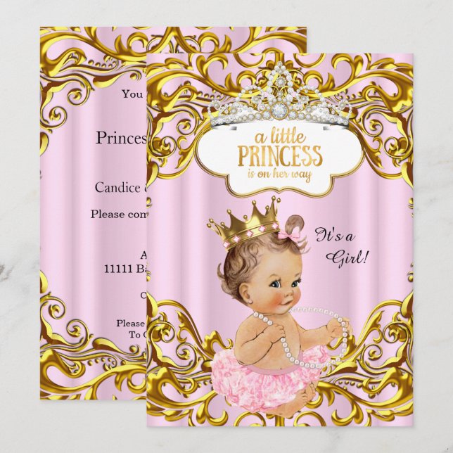 Princess is on her way Baby Shower Pink Brunette Invitation (Front/Back)