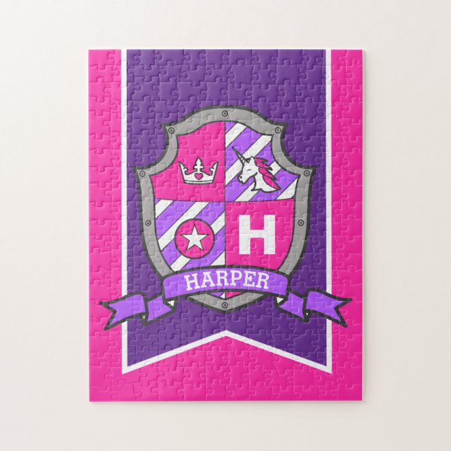 Princess knight crest personalised pink purple jigsaw puzzle (Vertical)