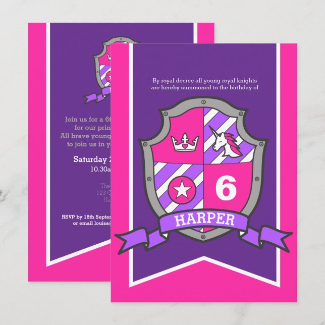 Princess knights shield kids 6th birthday invites (Front/Back)